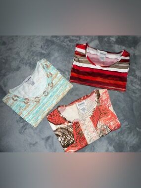 Bon Worth Trio: Coral, Aqua & Red Patterned Short Sleeve Tees